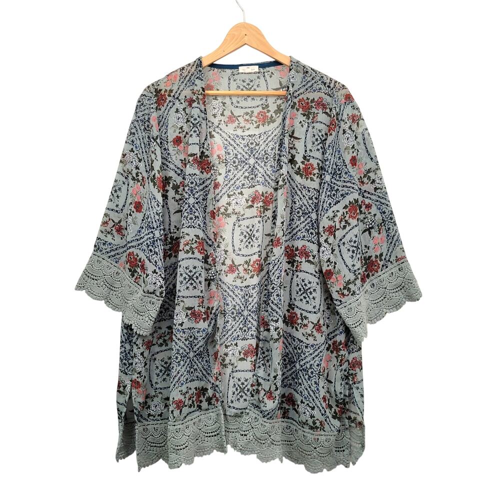 Mason & Belle Sheer Kimono Wrap Topper 1X Green Floral